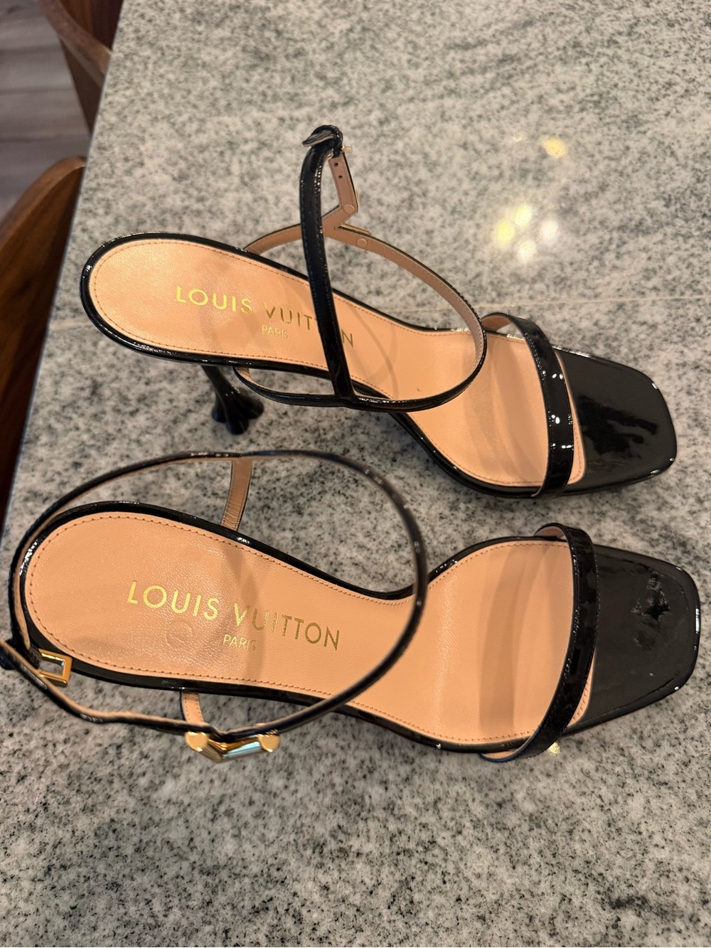 Louis Vuitton Blossom Black Patent Leather Strappy Heel Sandals with Gold Buckle - Picture 2 of 3